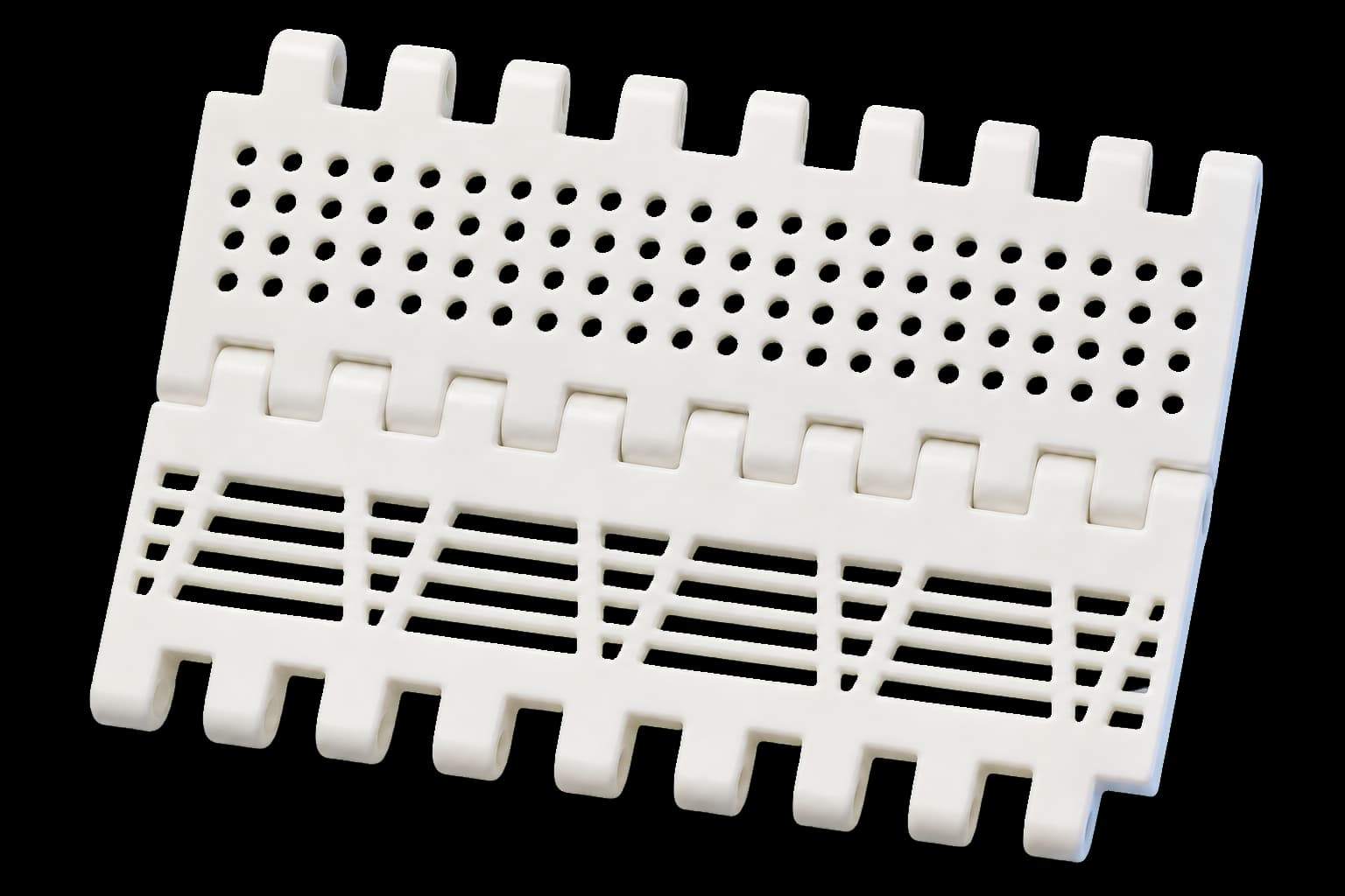Plastic conveyor plates, links and automation components used to explain material selection.