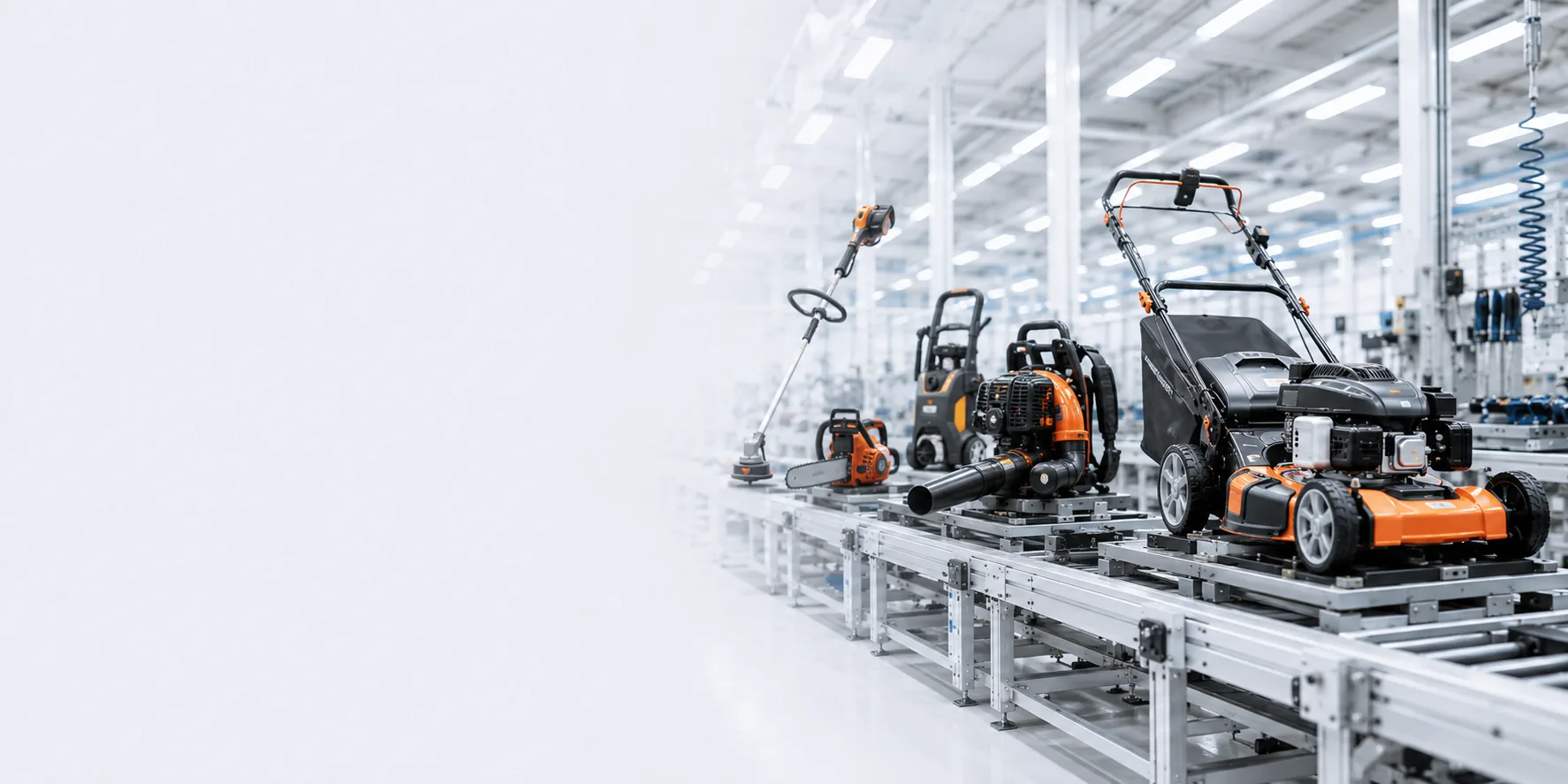 Outdoor equipment assembly line with garden machinery modules