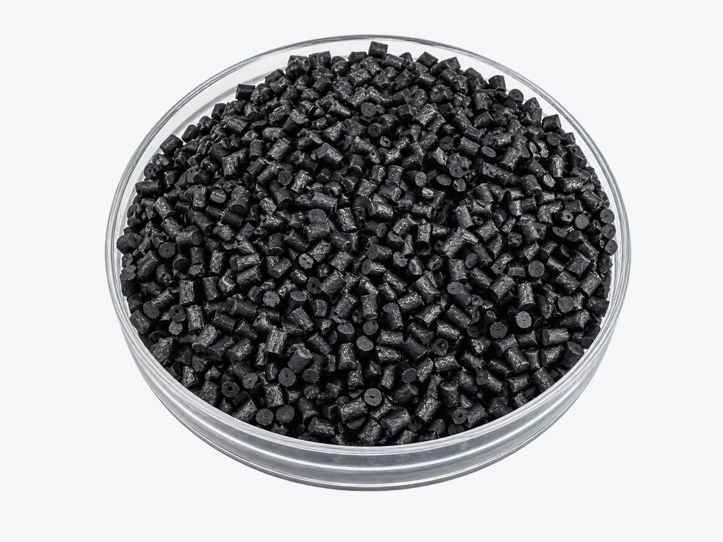 Black carbon-fiber-reinforced POM pellets for engineering injection-molded parts.