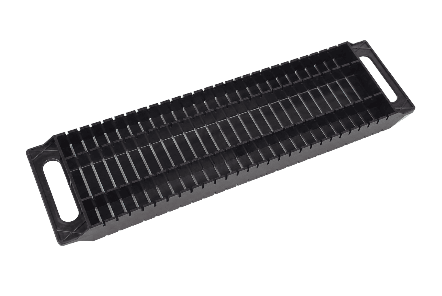Black molded matrix tray with repeated precision pockets and stacking features