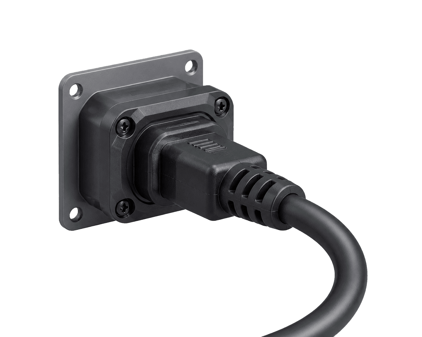 Panel-mounted signal connectors with injection-molded plugs and cable stress relief structures