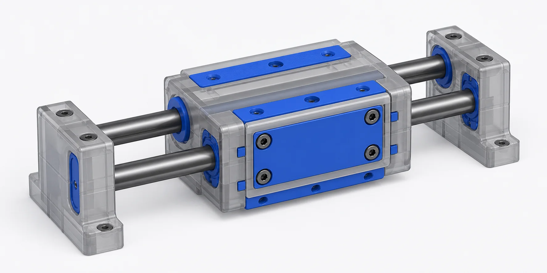 CAD visualization showing polymer bushings supporting shafts in a linear guide assembly