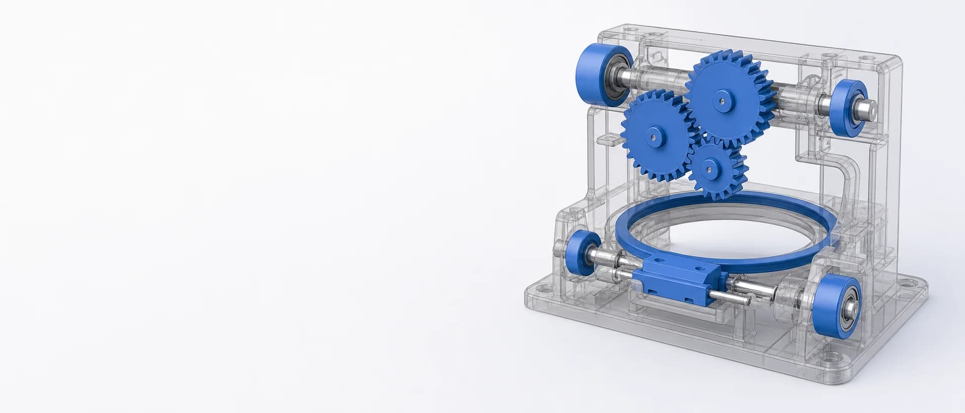 CAD visualization showing precision molded gears in an assembled transmission