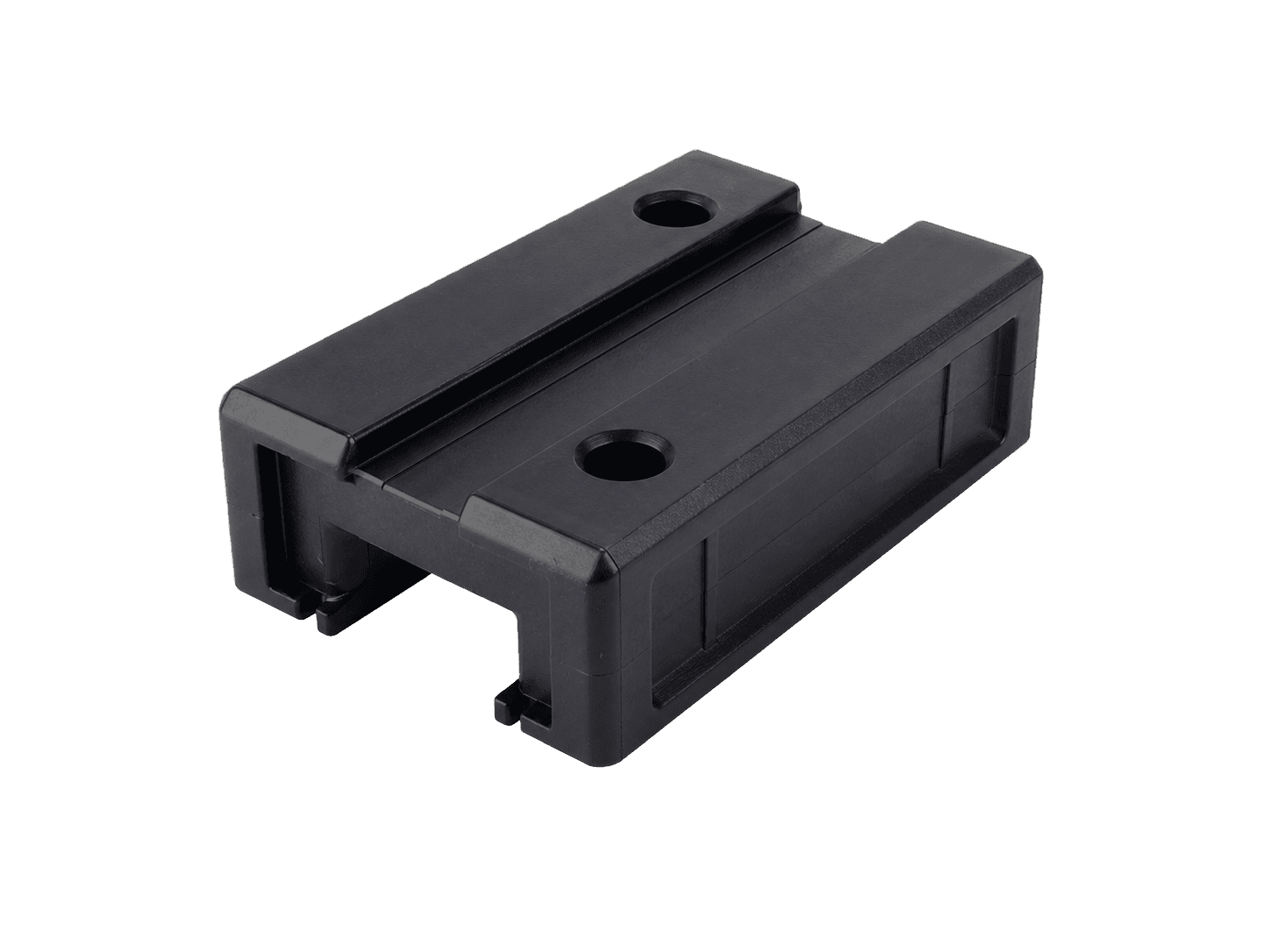 Molded linear guide block with mounting holes and a channel