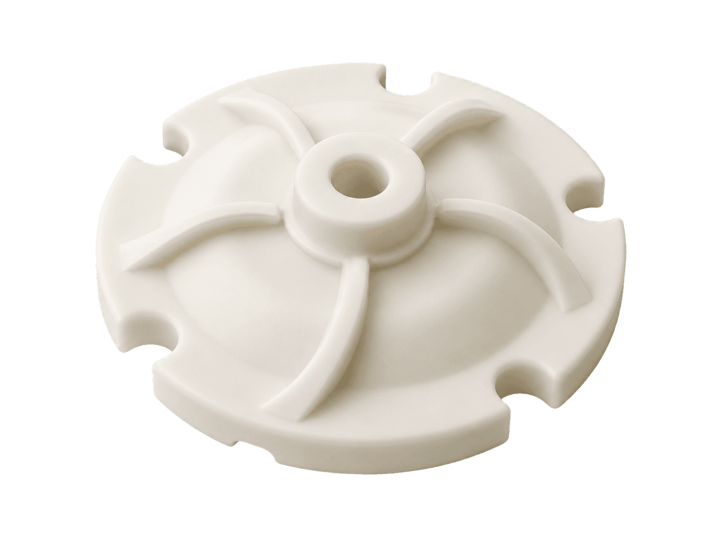 Off-white injection-molded irrigation pulse wheel with curved drive blades