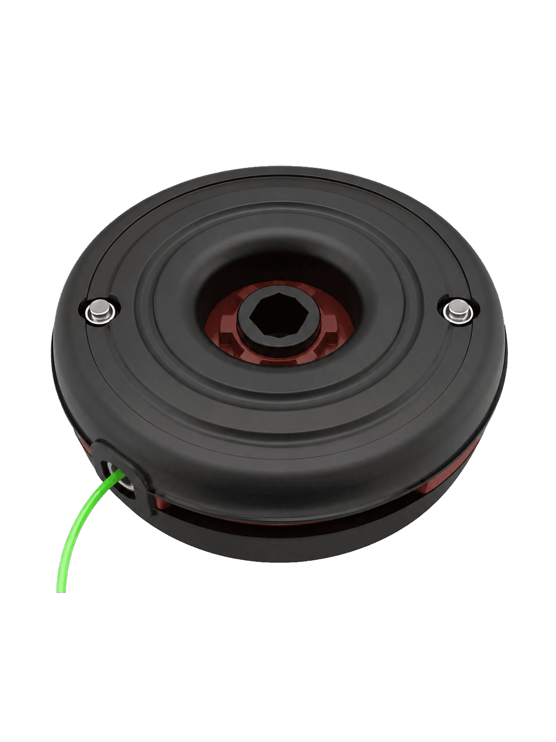 Black injection-molded outdoor grass trimmer drive head with green nylon wire