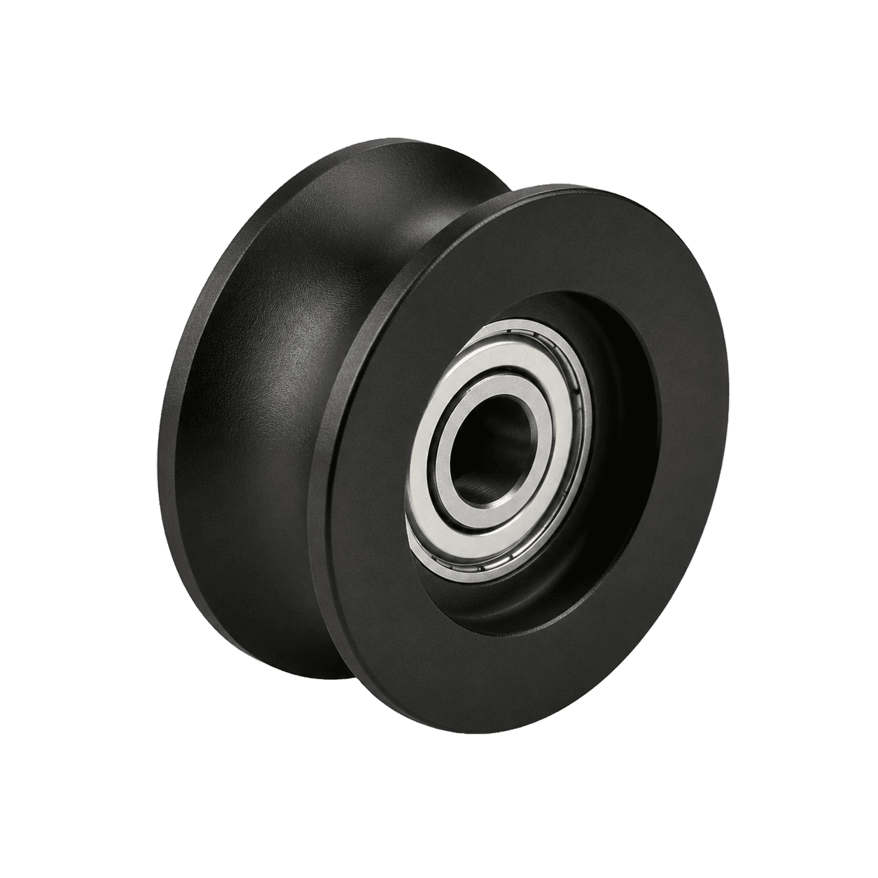 Black injection-molded textile guide wheels with central bearings