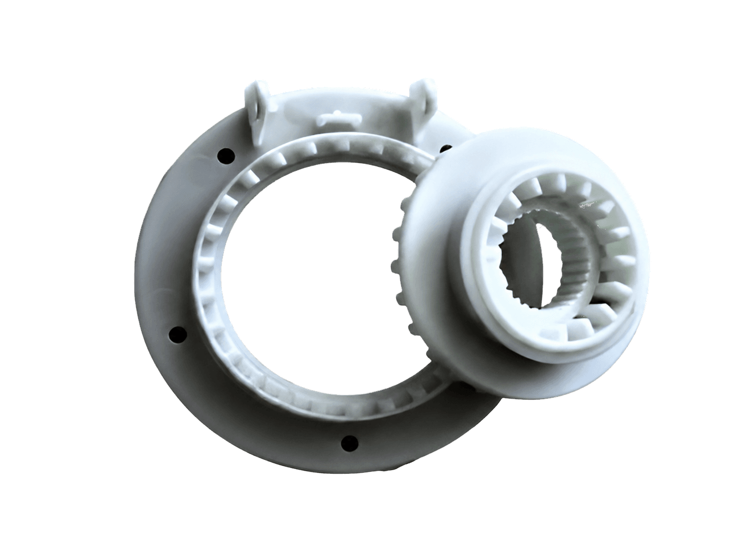 Injection molding washing machine drum drive gears and retaining parts
