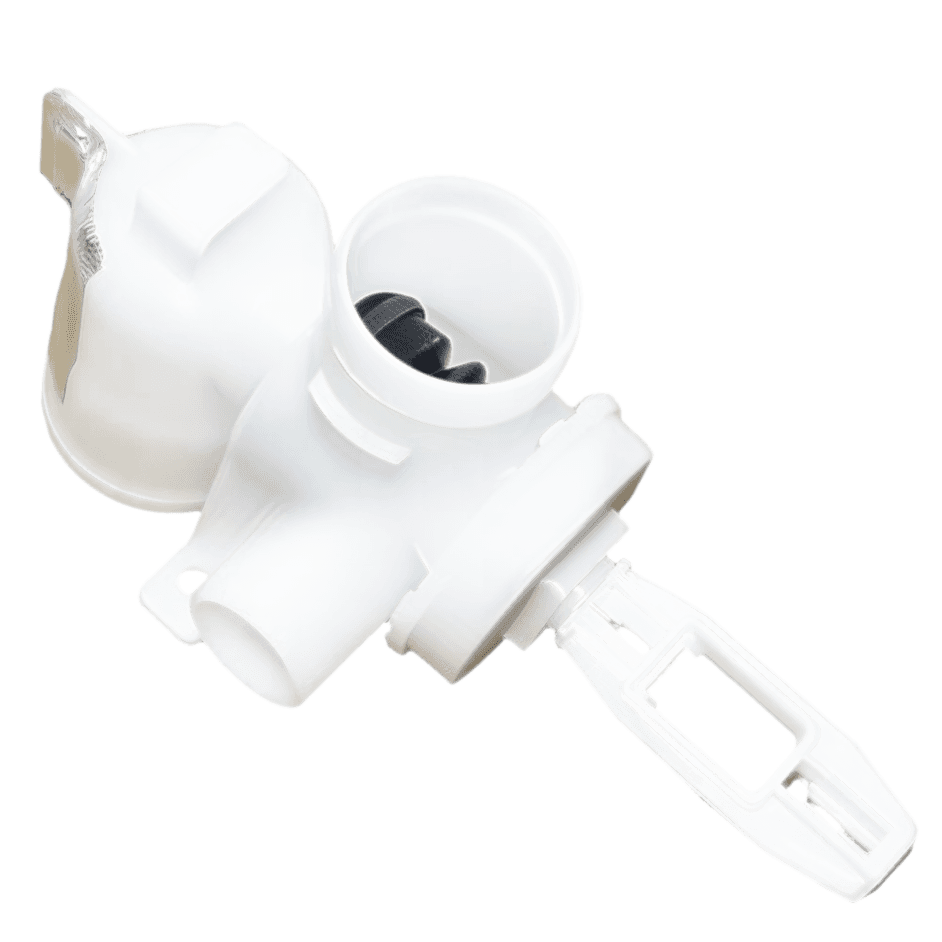 Injection molded washing machine drainage control valve with a round valve body, outlet, and actuator linkage