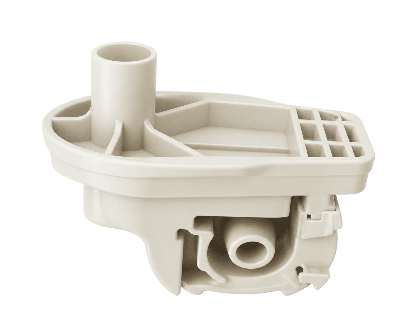 Injection-molded washing machine drainage pump housing with a raised water inlet neck and lower outlet chamber