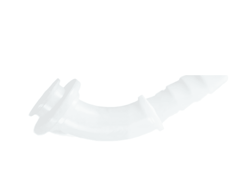 Injection molded washing machine water inlet valve connecting pipe with bent tube body, sealing flange, and barbed soft hose end