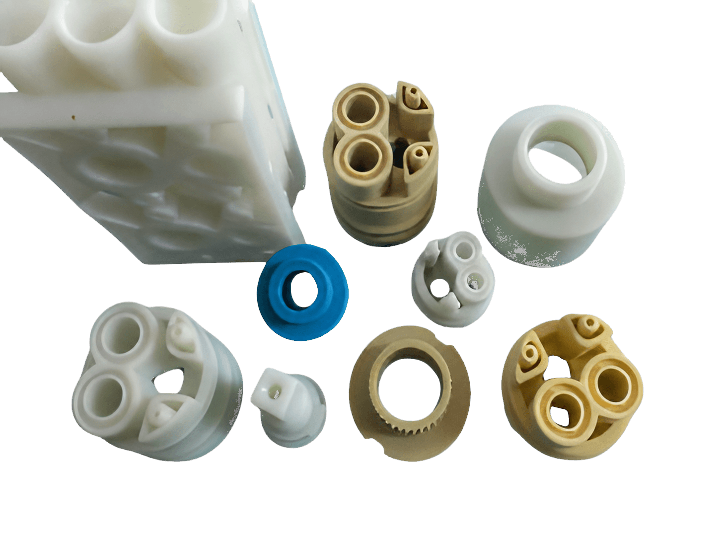 Various internal components of injection-molded valves