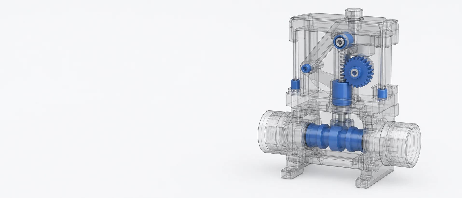 CAD visualization showing a molded valve spool, flow body, and actuation mechanism