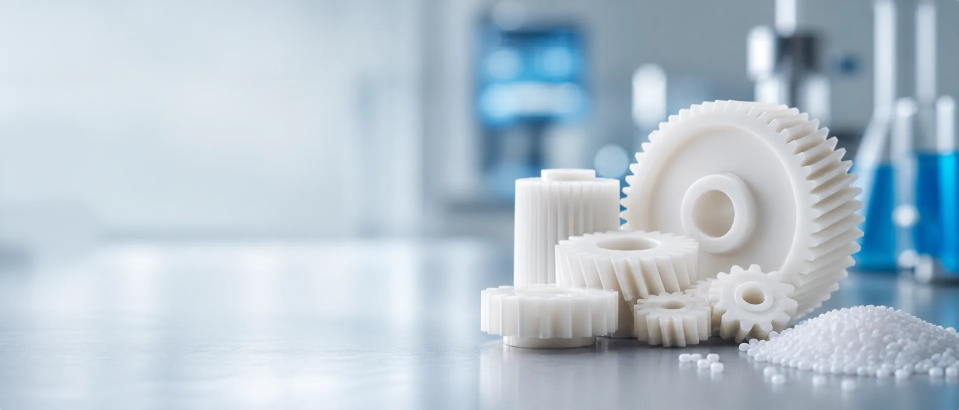 Natural POM pellets beside molded gears and precision components in a materials laboratory